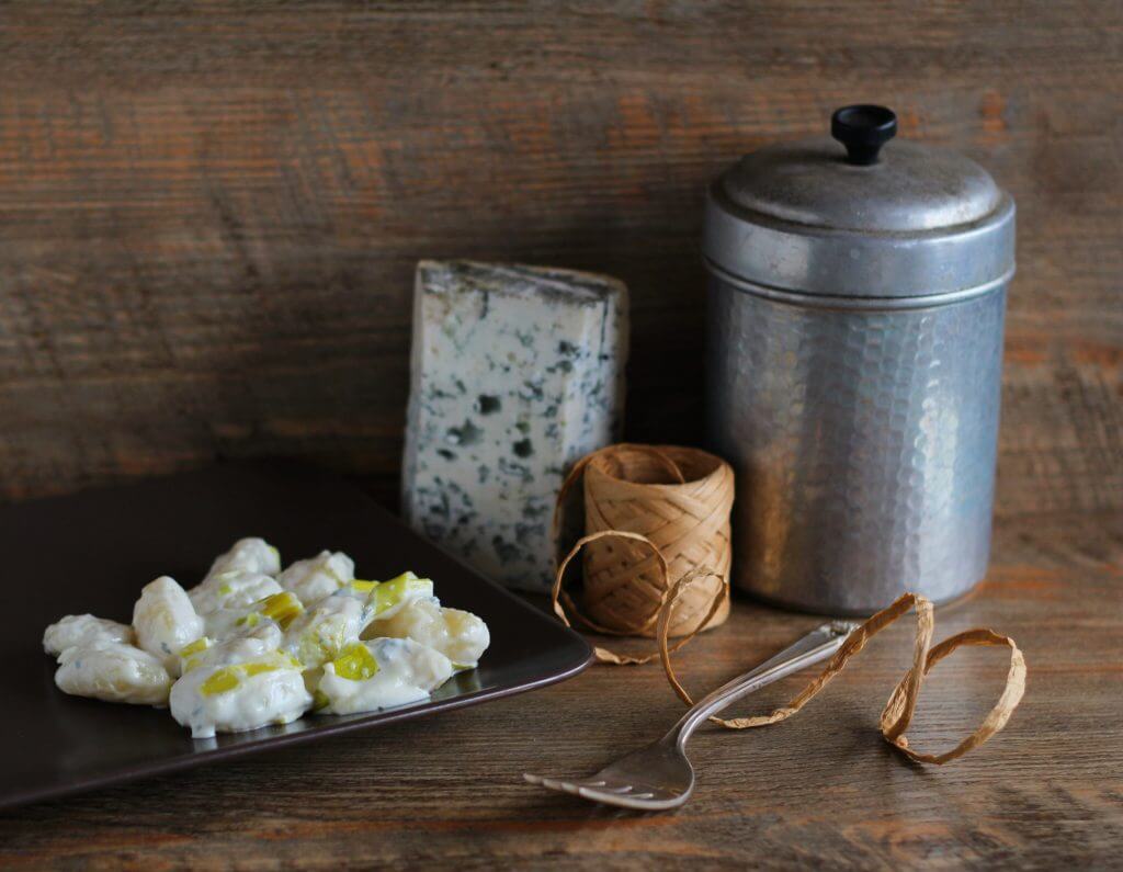 Potato gnocchi with goat's blue cheese and leek.