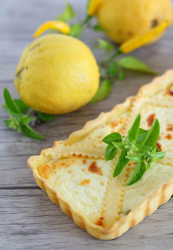Soft cheese, lemon and basil salty tart.