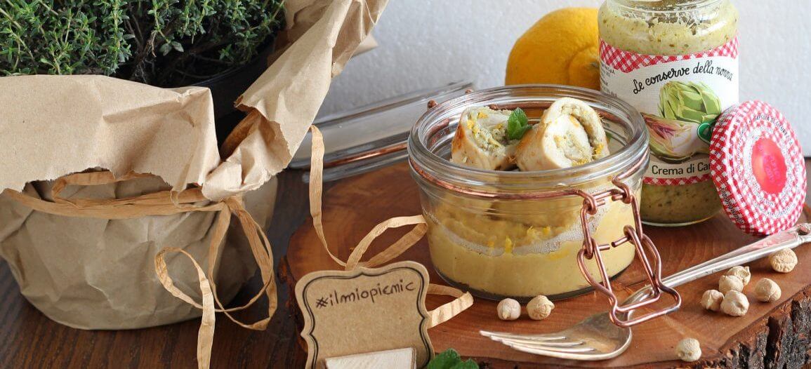 Rollè di pollo con crema di carciofi e purea di ceci alla menta e limone.