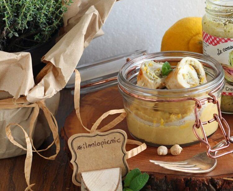 Rollè di pollo con crema di carciofi e purea di ceci alla menta e limone.