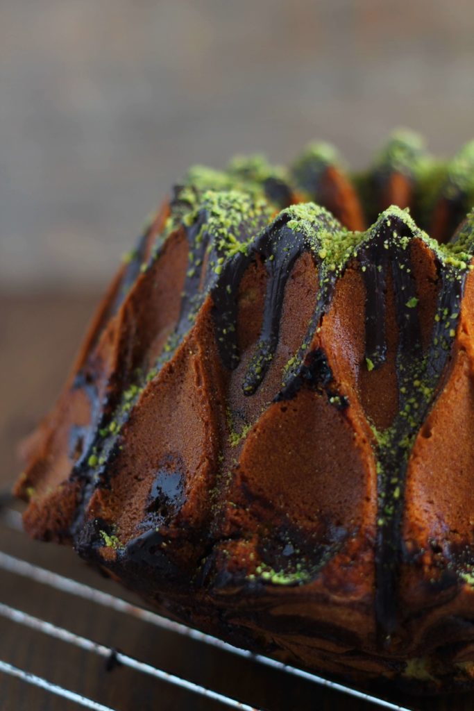 Pistachio and chocolate marbled bundt cake.
