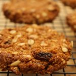 Anzac cookies, recipe from Yotam Ottolenghi with coconut, oat and raisin.